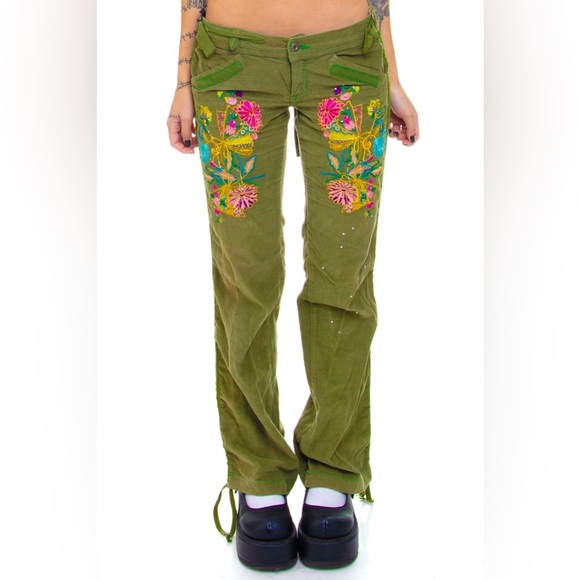 Miss Me Pants - Miss Me Vintage Y2K Green Corduroy Floral Pants Studded Embellished Sz S